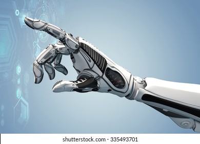 Futuristic design concept. A robotic mechanical arm looks as like a human hand. Cybernetic organism with Artificial Intelligence working with virtual Infographic HUD.