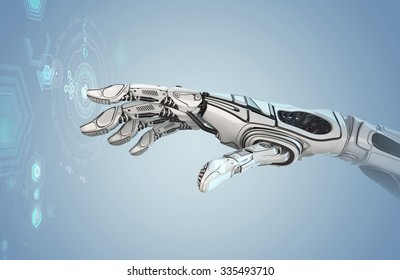 Futuristic design concept. A robotic mechanical arm looks like a human hand. A Creature with Artificial Intellegence working with virtual Infographic HUD on background. Closeup image of cyber fingers.