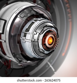 Futuristic design. Conceptual electronic cyber eye. Mechanical artificial robot detail closeup.