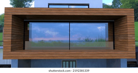 Futuristic Design Of Contemporary Suburban House Panoramic Window. Finishing Is Facade Board. The Environment Is Reflected On Mirror Glass Surface. 3d Render.