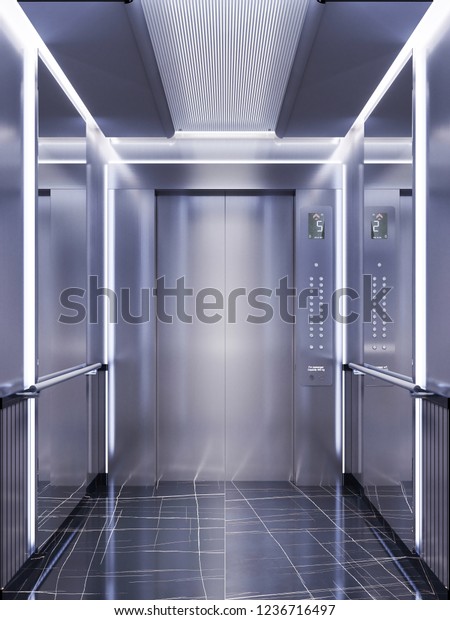 Futuristic Design Elevator Cabin Mirrors Neon Stock Illustration