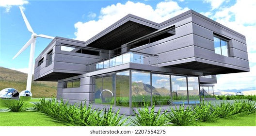 A Futuristic Design For A Private Home Made Of An Innovative Sustainable Carbon Fiber And Metal Composite Material. Autonomous Power Supply System Using A Wind Generator. 3d Render.