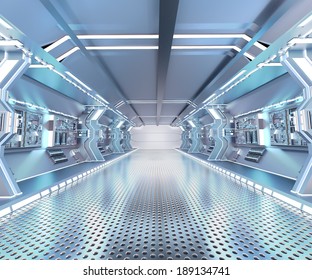 Futuristic Design Spaceship Interior With Metal Floor And Light Panels 
