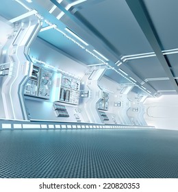 Futuristic Design Spaceship Interior With Metal Floor And Light Panels