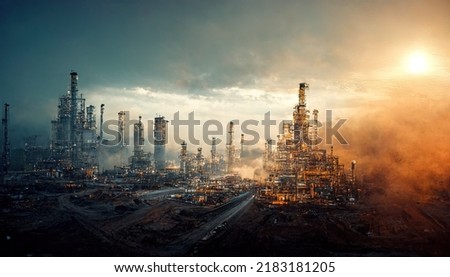 Futuristic devastated city concept nuclear fallout and pollution around with scorch sun illustration