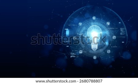 Futuristic digital concept featuring a glowing light bulb with technology icons and data network on blue abstract background. 3d Rendering
