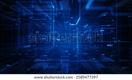Futuristic Digital Data Flow With Analytics Interface and Digital Data Network Connections. Abstract Technology Digital Environment with Analytical Elements in blue tones. 3D Rendering.