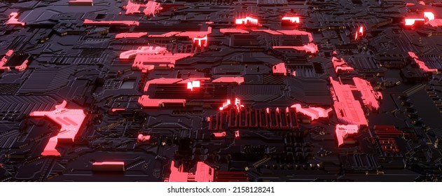 Futuristic digital glowing circuit board. Cyber art of motherboard with 3d render of red backlight. Techno processing of huge array of data with connection to network