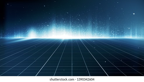 Futuristic Digital Grid And Particles Abstract Cyber Technology Environment Background. 3D Illustration.