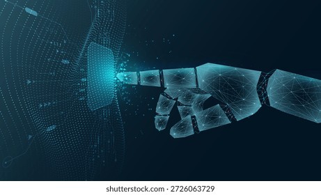 A futuristic digital hand interacting with technology, showcasing the integration of robotics and digital interfaces in modern life.