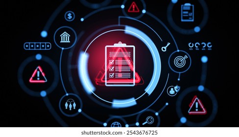Futuristic digital interface with compliance checklist and security icons on dark background. Concept of cybersecurity. 3D Rendering