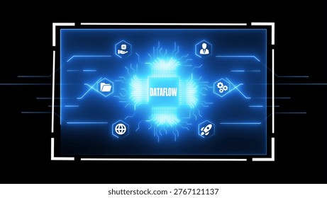 Futuristic digital interface displaying the word DATAFLOW at the center of a glowing blue circuit board with surrounding representing data analysis business growth and