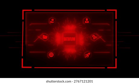 Futuristic digital interface displaying the word DATAFLOW at the center of a glowing red circuit board with surrounding representing data analysis business growth and