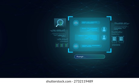 A futuristic digital interface featuring abstract data analysis and user interaction elements, showcasing advanced technology in a sleek, dark environment.