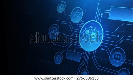 Futuristic digital interface showcasing interconnected network icons, representing advanced technology and innovation in various fields.