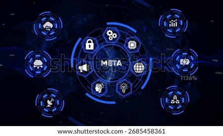 Futuristic Digital Network Interface Displaying the Word META and Technology Icons meta metaverse
