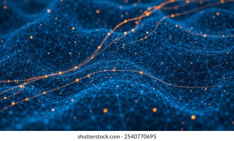 Futuristic digital network visualization with interconnected nodes and lines, data transmission, communication, and technological advancement. Blue background with orange highlights - Powered by Shutterstock