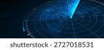 Futuristic digital radar interface data detection and monitoring technology. Blue scanning beam over grid display represents cybersecurity, surveillance systems, advanced digital tracking concepts.