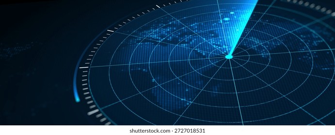 Futuristic digital radar interface data detection and monitoring technology. Blue scanning beam over grid display represents cybersecurity, surveillance systems, advanced digital tracking concepts.