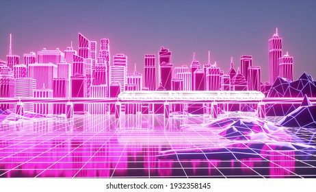 Digital City Futuristic Neon Skyscrapers Background Stock Illustration ...