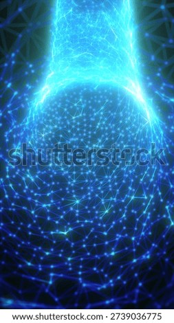 Futuristic digital structure made of glowing blue interconnected nodes and lines, forming a complex network