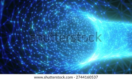 Futuristic digital structure made of glowing blue interconnected nodes and lines.