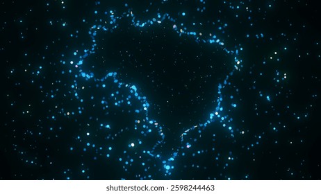 Futuristic digital visualization of Brazil map composed of glowing blue particles. The abstract cosmic design gives a sci-fi atmosphere with a modern and technological feel.