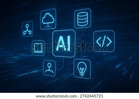 Futuristic digital visualization featuring a glowing cyan "AI" square icon as the central hub, surrounded by interconnected smaller icons representing cloud computing, data storage, programming code, innovation ideas, user interaction, and network nodes. Thin glowing cyan lines form a radiating flow chart against a deep dark blue background with subtle binary code overlay and digital data stream light streaks. High-tech aesthetic symbolizing the interconnected ecosystem of artificial intelligence, machine learning, and modern technology.