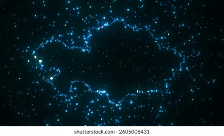 Futuristic digital visualization of Kazakhstan map composed of glowing blue particles. The abstract cosmic design gives a sci-fi atmosphere with a modern and technological feel.