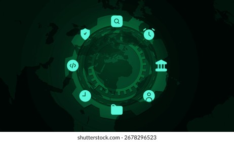 Futuristic Digital World Map with Technology and Security Icons Overlay