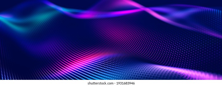 Futuristic Dots Pattern On Dark Background. Colored Music Wave. Big Data Digital Code. Technology Or Science Banner. 3D Rendering