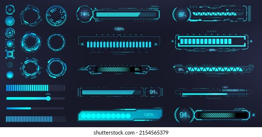 Futuristic Download Progress Bar HUD. Blue Digital Elements - Circle, Downloads Progress Bars. Neon HUD, UI, GUI Collection. Hi-tech Elements Futuristic User Interface. UI Loading Lines