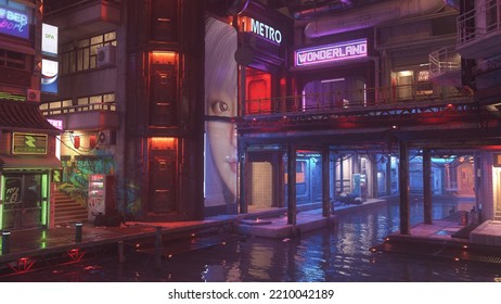 Futuristic Dystopian Cyberpunk City Urban Area With Downtown Buildings Around A Canal At Night. 3D Illustration.