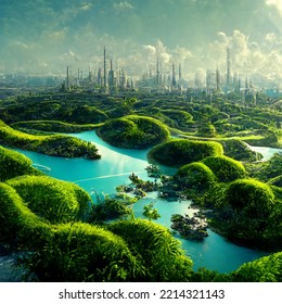 Futuristic Eco City, Net Zero Carbon Emission City, Green City, Green Downtown, Future With No Global Warming.