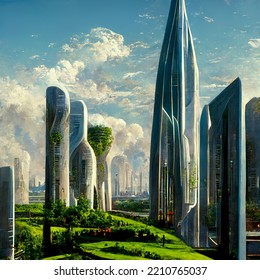 Futuristic Eco City Skyscrapers Against The Sky 3d Abstract AI Gen