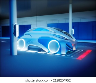 Futuristic Electric Car On Inductive Charging Station, Realistic 3d Rendering Illustration, Futuristic Concept