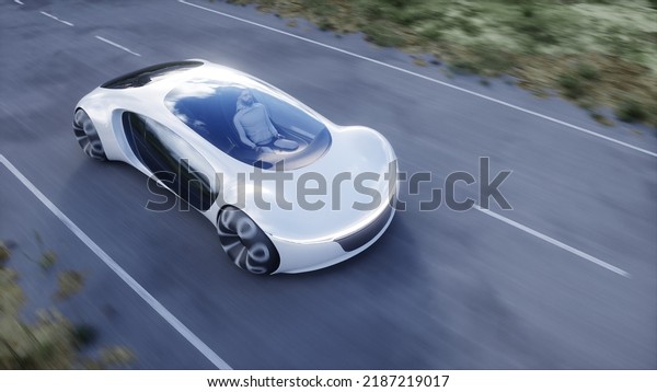 Futuristic electric car\
very fast driving on highway. Futuristic city concept. 3d\
rendering. 3D\
Illustration