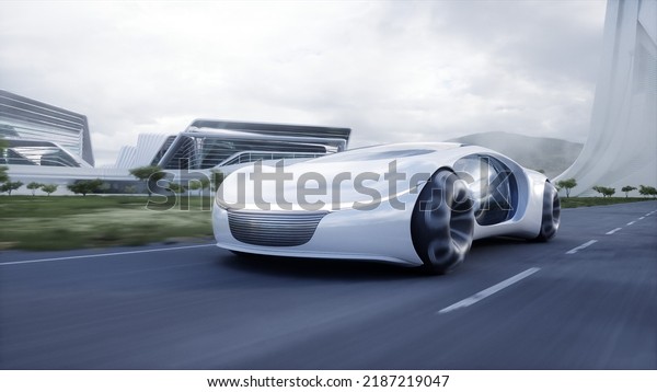 Futuristic electric car\
very fast driving on highway. Futuristic city concept. 3d\
rendering. 3D\
Illustration