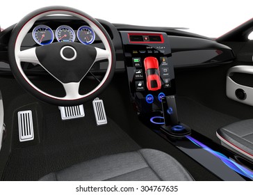 Futuristic Electric Vehicle Dashboard And Interior Design. There Is Full Size Touch Screen At The Center Of The Dashboard. 3D Rendering Image With Clipping Path.