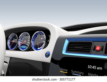 Futuristic Electric Vehicle Dashboard And Interior Design. 3D Rendering Image With Original Design.