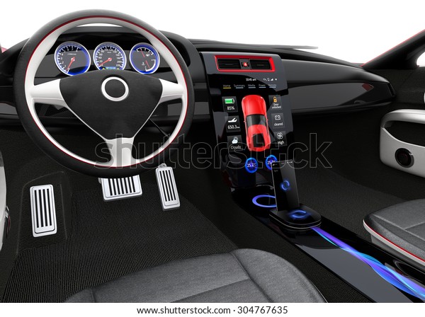 Futuristic electric vehicle dashboard\
and interior design. There is full size touch screen at the center\
of the dashboard. 3D rendering image with clipping\
path.