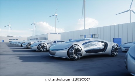 Futuristic Electrick Cars On Warehouse Parking. Logistic Center. Green Energy Concept. 3d Rendering. 3D Illustration