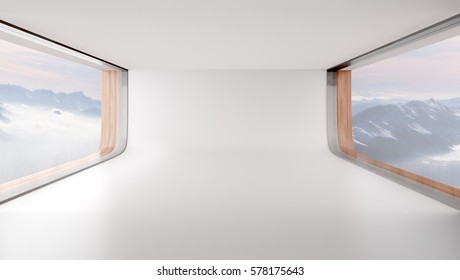 Futuristic Empty Room With Big Windows And Mountain Landscape 3D Illustration