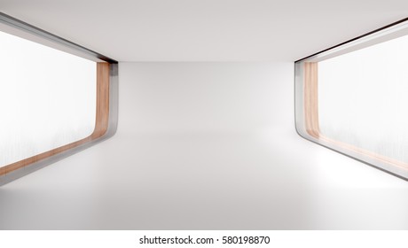 futuristic empty room with big windows 3D illustration