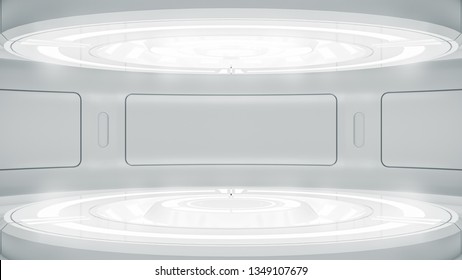 Futuristic Empty Stage. Modern Future Background Technology Sci-fi Interior Concept. 3d Rendering