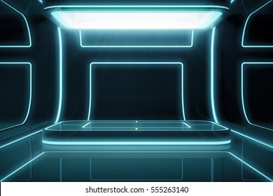 Futuristic Empty Stage. Modern Future Background Technology Sci-fi Interior Concept. 3d Rendering