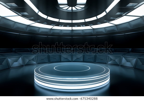 未来的空舞台。 现代未来的背景技术科幻室内概念。3D 渲染库存插图 