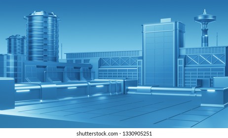 Futuristic Factory Industrial And Business Buildings Architecture With Copyspace For Information. 3d Render.