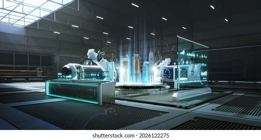 Futuristic Factory Or Workshop With Assembly Robot Arms And Virtual Interface. Concept Of Industry 4.0 Technology And Smart Futuristic Factory. 3d Rendering