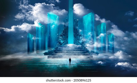 Futuristic Fantasy Landscape With Light Clouds. Natural Scene With Neon Light Reflected In Water. Neon Space Galaxy Portal. 3d Illustration 